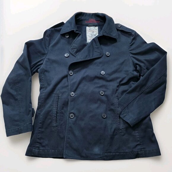 Zara Trench Coat Men XL Navy Double Breasted Vented Twill Cotton Unlined Pockets - Picture 13 of 16